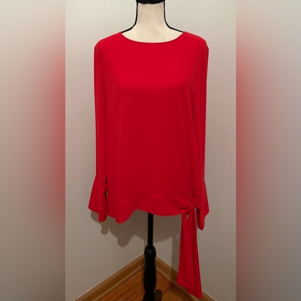 PLEIONE SIZE MED RED CHIFFON TIE WOMENS LONG-SLEEVE BLOUSE EXCELLENT CONDITION